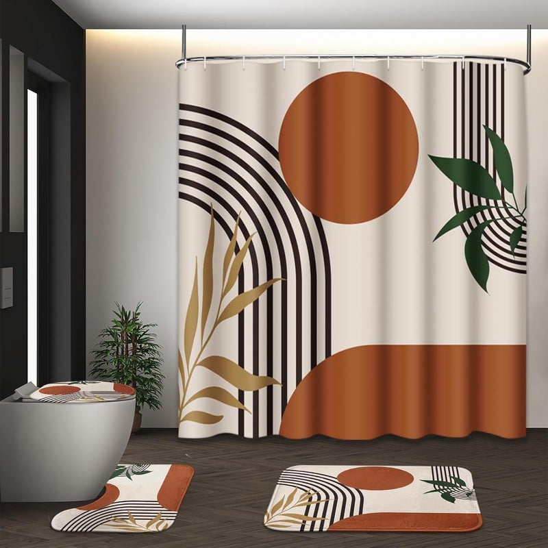Tayney Boho Mid Century Shower Curtain Set with Toilet Lid Cover and Non-Slip Rugs, Abstract Geometric 4 Pcs Modern Minimalist Shower Curtain for Bathroom Set with 12 Hooks - Image 1